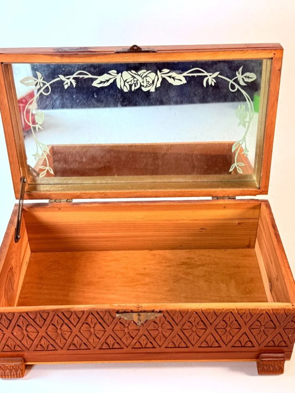 Vintage Wooden Keepsake Box w/ Mirror Floral Carved Jewelry Trinket Storage Box
